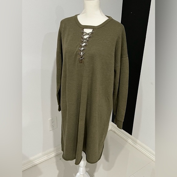 Olive Lace-Up Sweater Dress - Picture 1 of 6